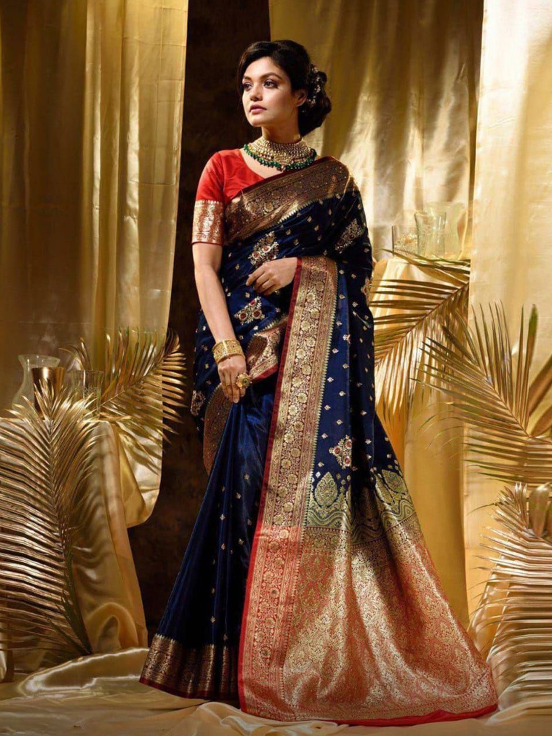 

A TO Z CART Woven Design Zari Pure Silk Banarasi Saree, Navy blue