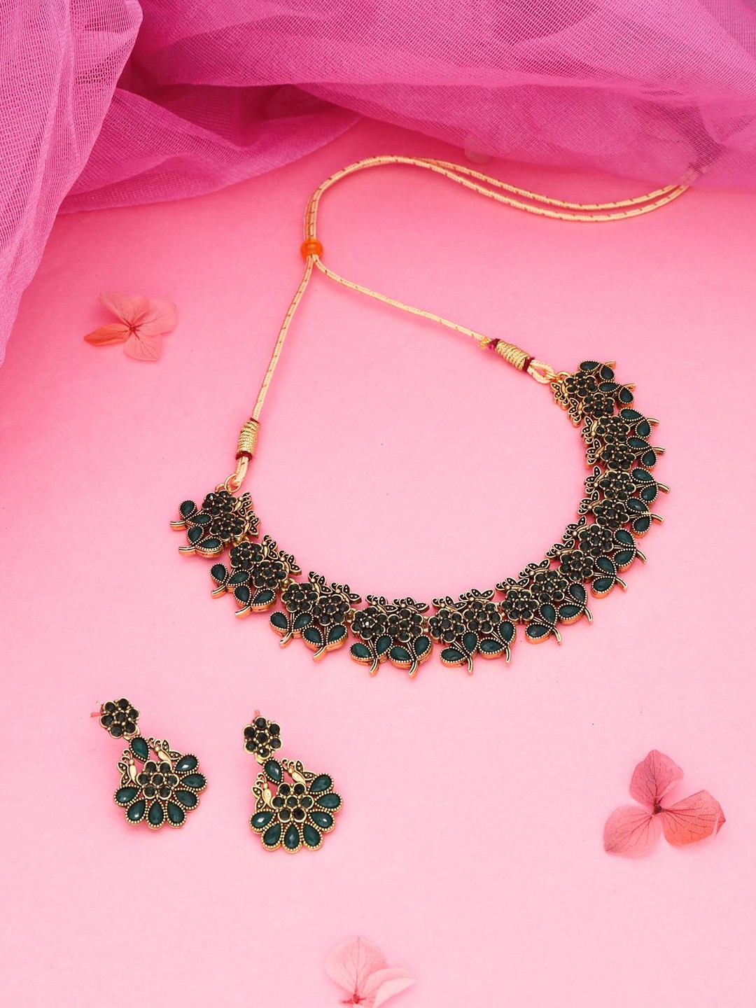 

Lyriss Gold-Plated American Diamond Studded Jewellery Set, Green