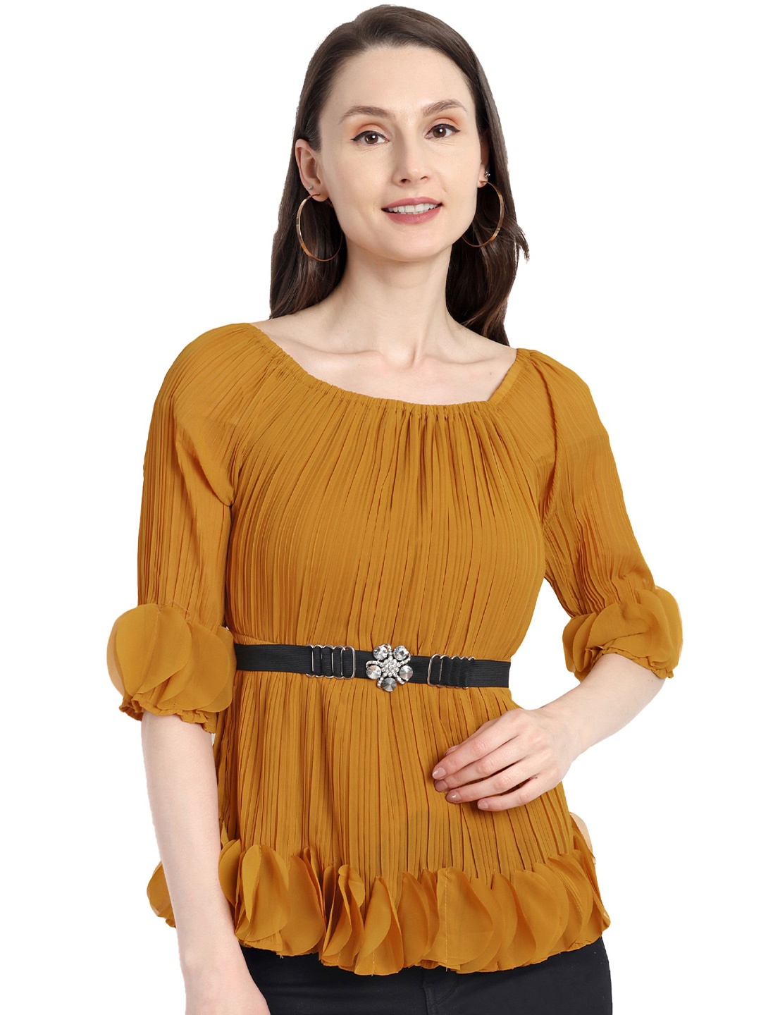 

HAUTEMODA Women Georgette Flared Solid Top, Yellow