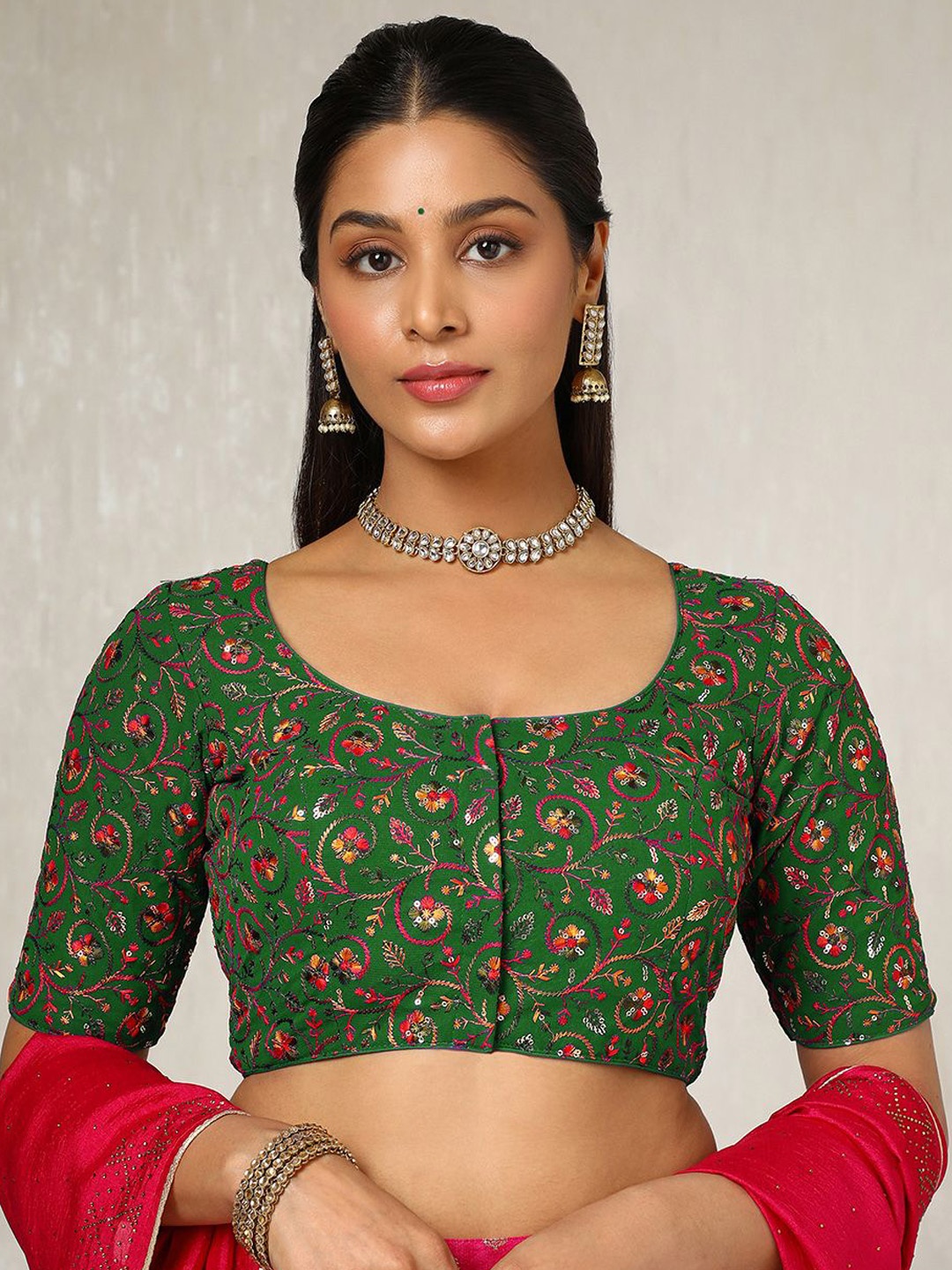 

Soch Embroidered U Neck Saree Blouse With Sequins, Green