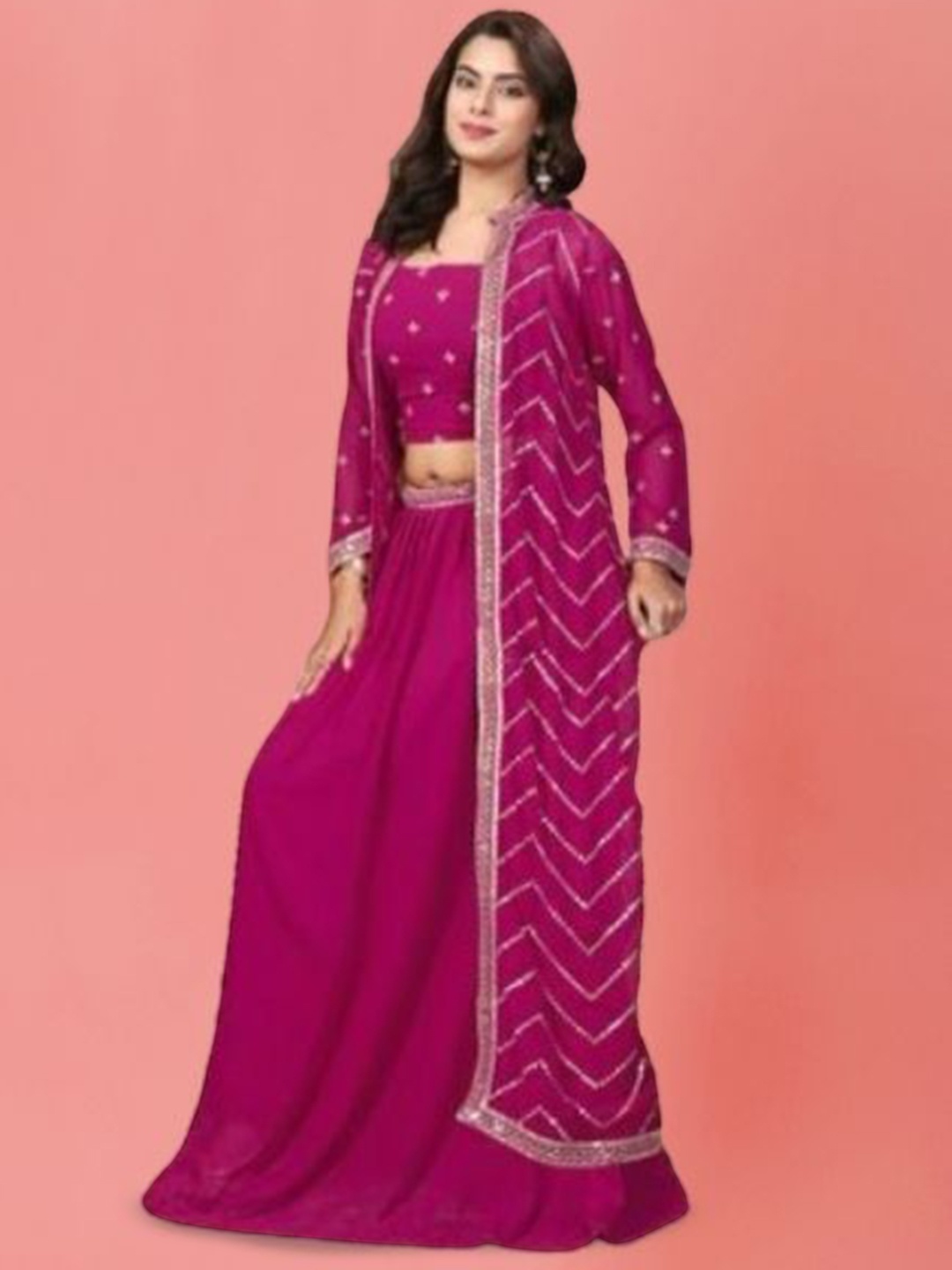 

PARROT CREATION Floral Embroidered Poly Georgette Crop Top With Long Shrug & Skirt, Pink