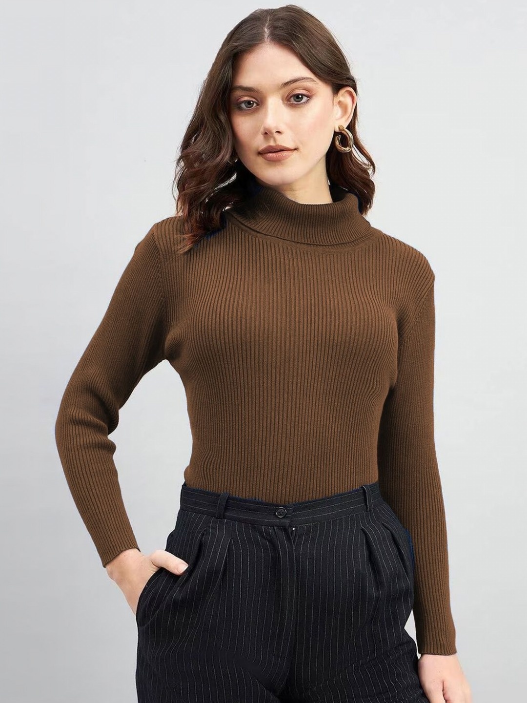 

Moda Rapido Women Turtle Neck Pockets Slim Fit T-shirt, Brown