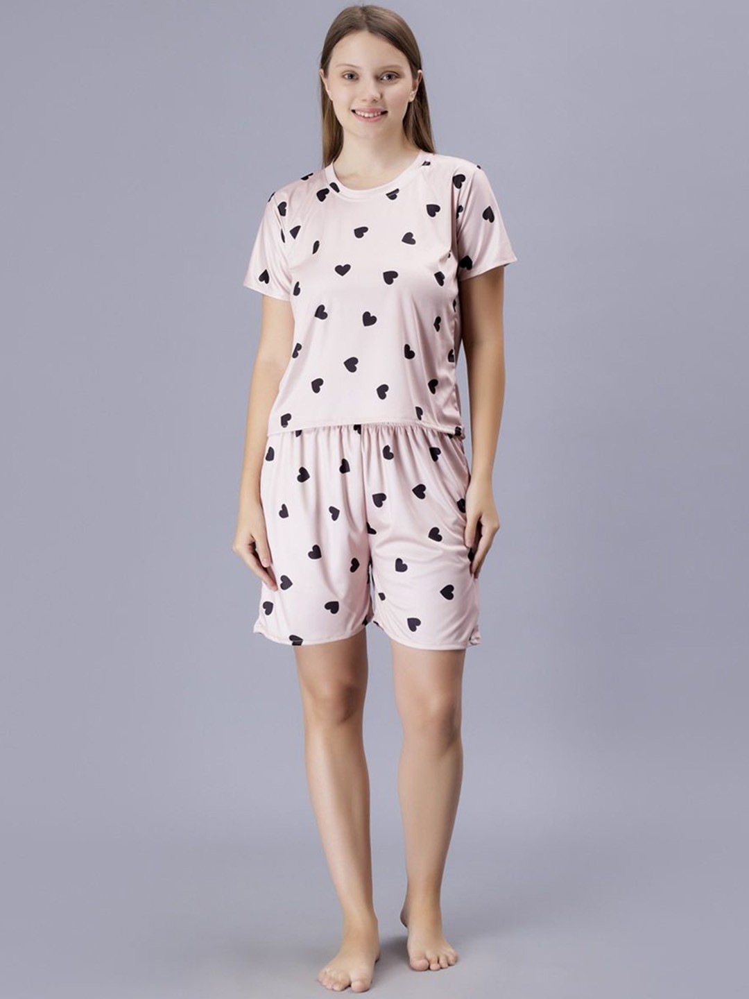 

XPIOX Printed T-shirt & Shorts Night suit, Cream