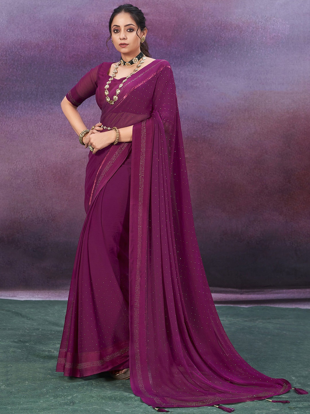 

Sangria Embellished Saree With Blouse Piece, Purple