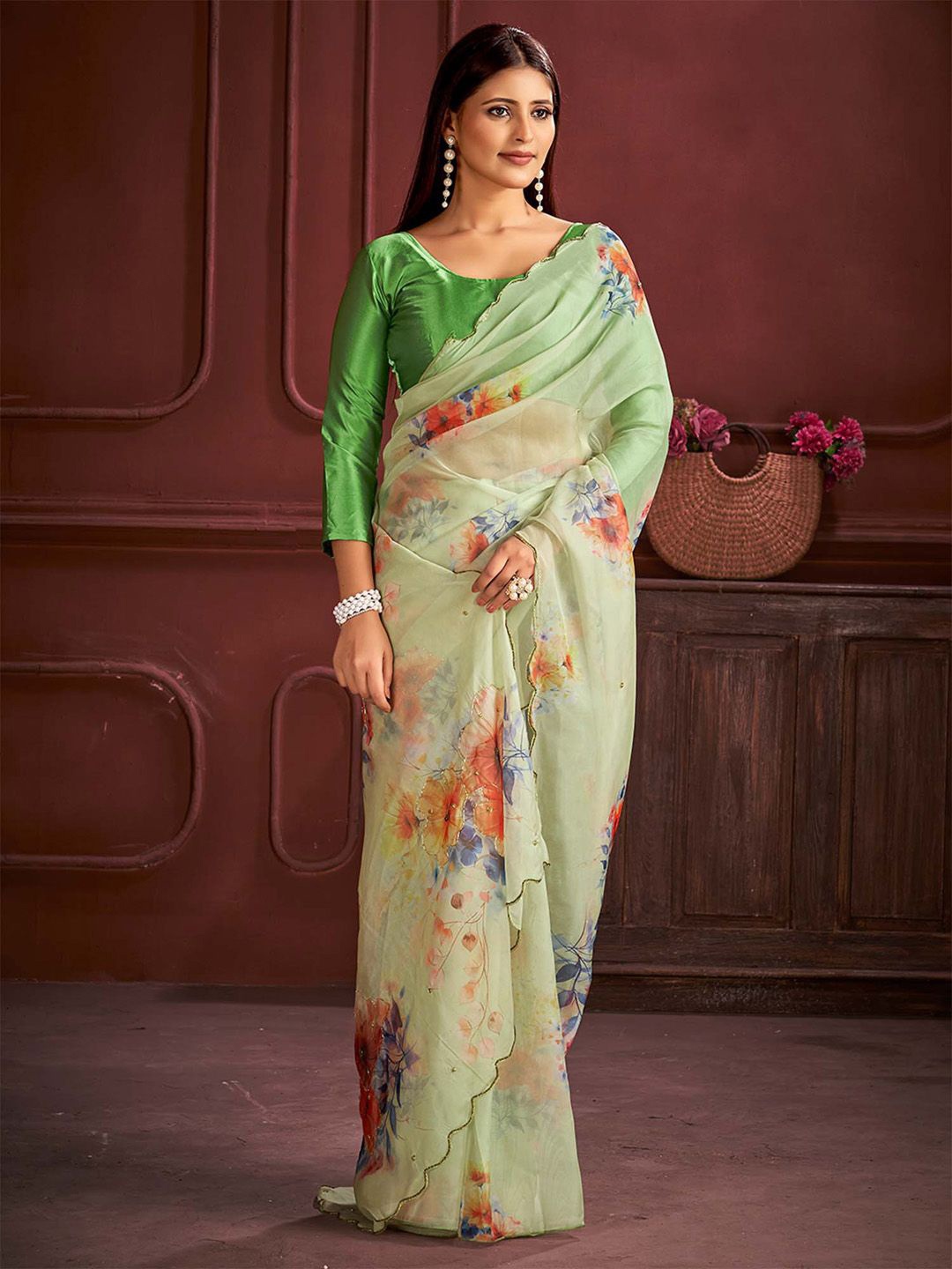 

Anouk Floral Zardozi Organza Saree, Green