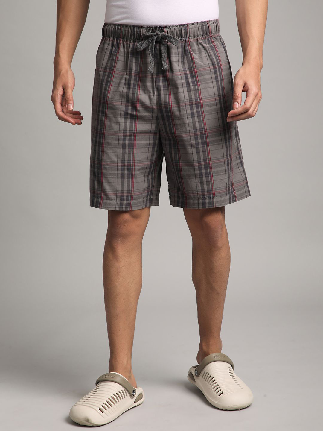 

BStories Men Checked Mid-Rise Inner Elastic Lounge Shorts, Grey