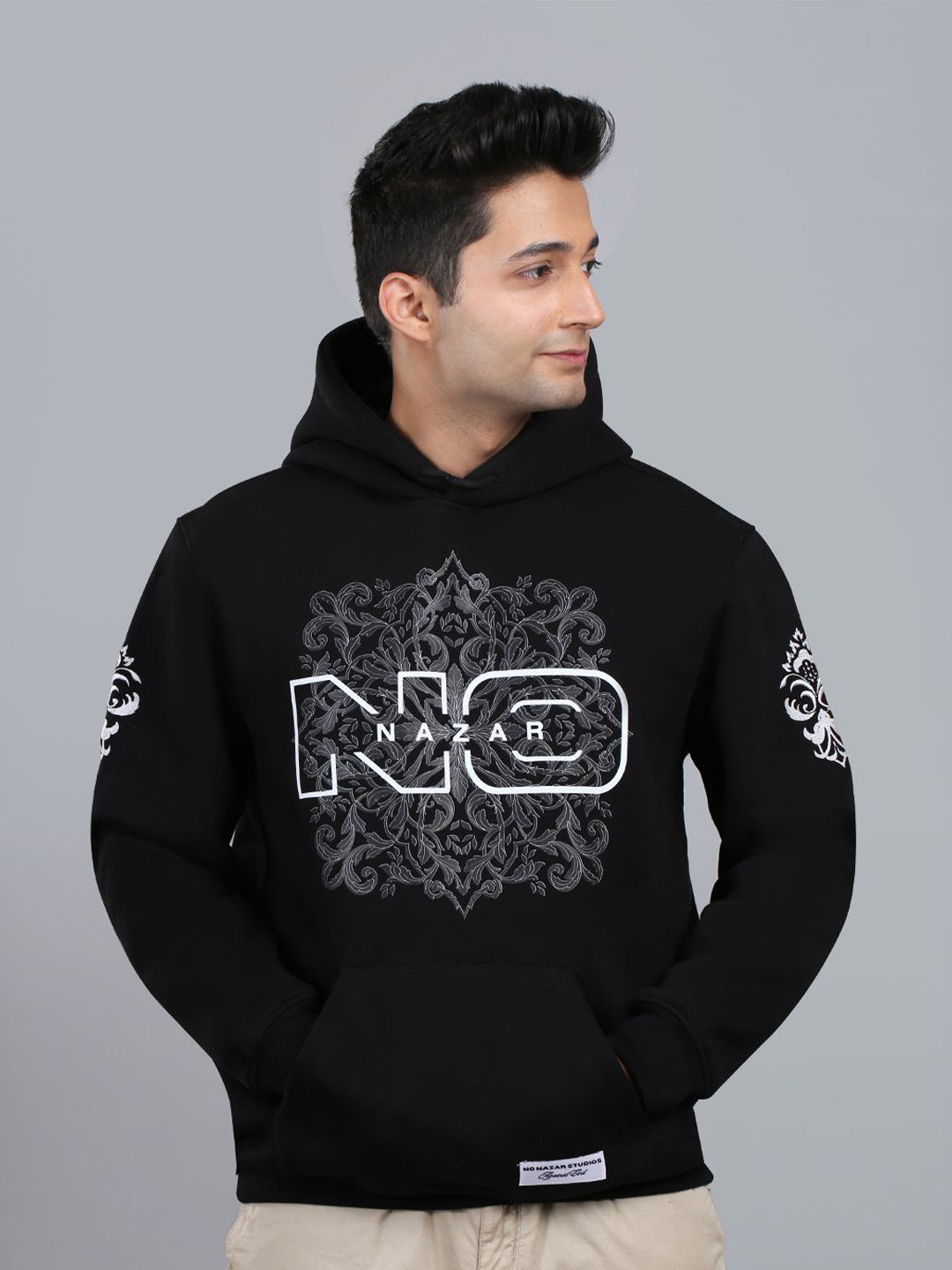 

No Nazar The Imperial Men Printed Pullover Cotton Hooded Sweatshirt, Black