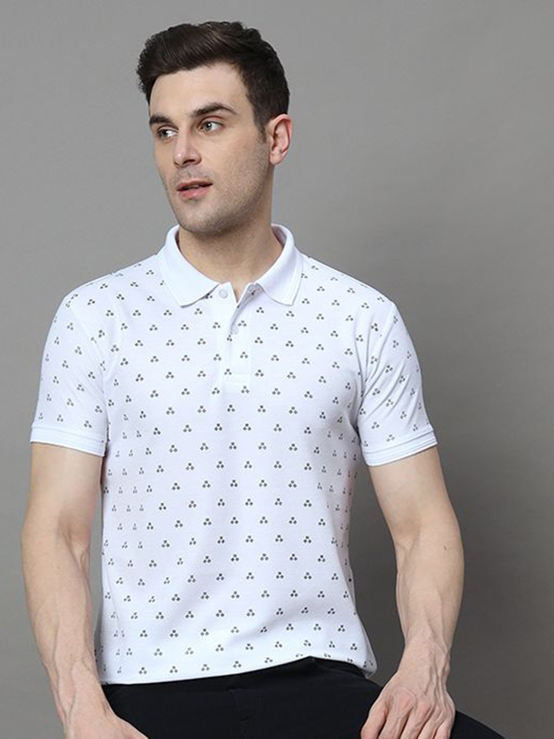 

R.ARHAN PREMIUM Men Geometric Printed Polo Collar Cotton T-shirt, White