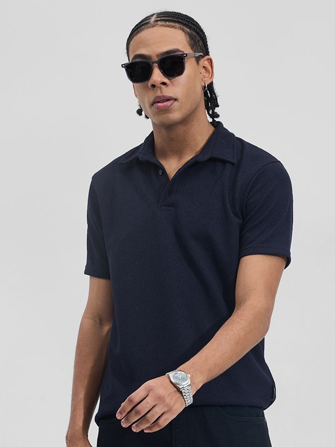 

Snitch Men Self Design Polo Collar T-shirt, Navy blue