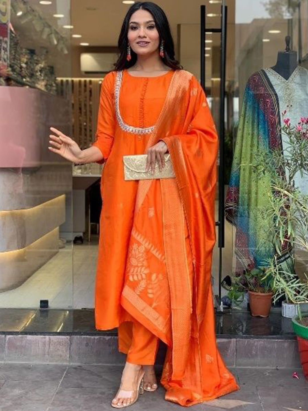 

Bought First Floral Embroidered Straight Kurta With Trousers And Dupatta, Orange