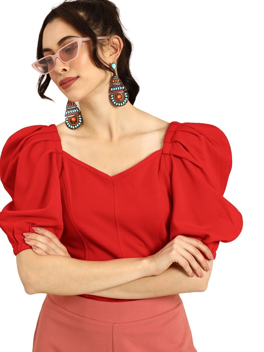 

CORSICA Women V-Neck Extended Sleeves Pockets T-shirt, Red