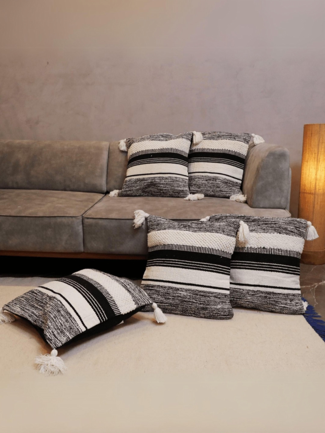 

LUSHLYF Tufted Collection White & Black 5 Pieces Embroidered Cotton Square Cushion Covers