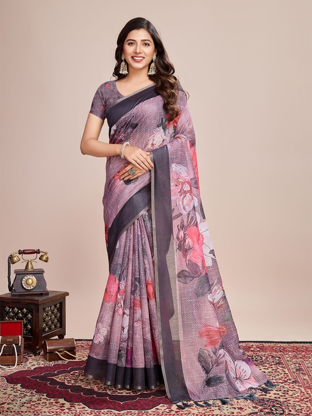 

ODETTE Mauve Linen Printed Saree With Unstitched Blouse