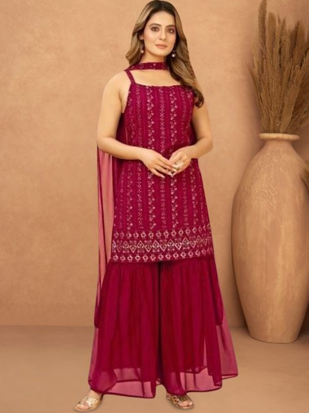 

PARROT CREATION Embroidered Straight Sequinned Kurti With Sharara And Dupatta, Pink