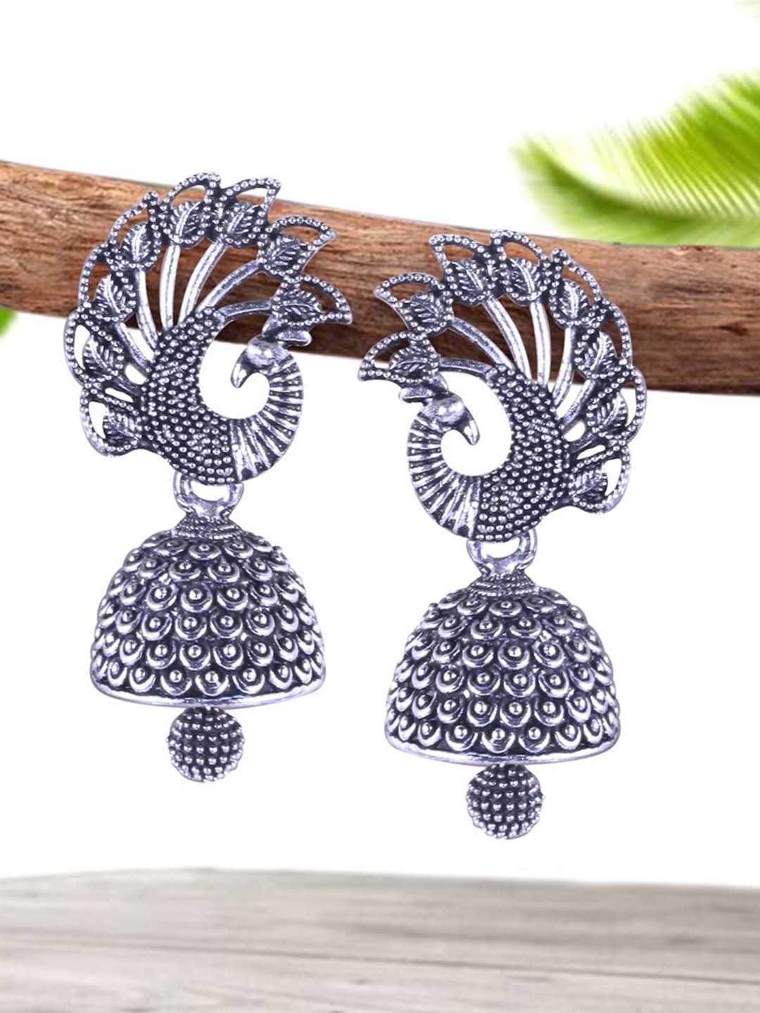 

DIVASTRI Set Of 5 Silver-Plated Artificial Beaded Peacock Shaped Jhumkas