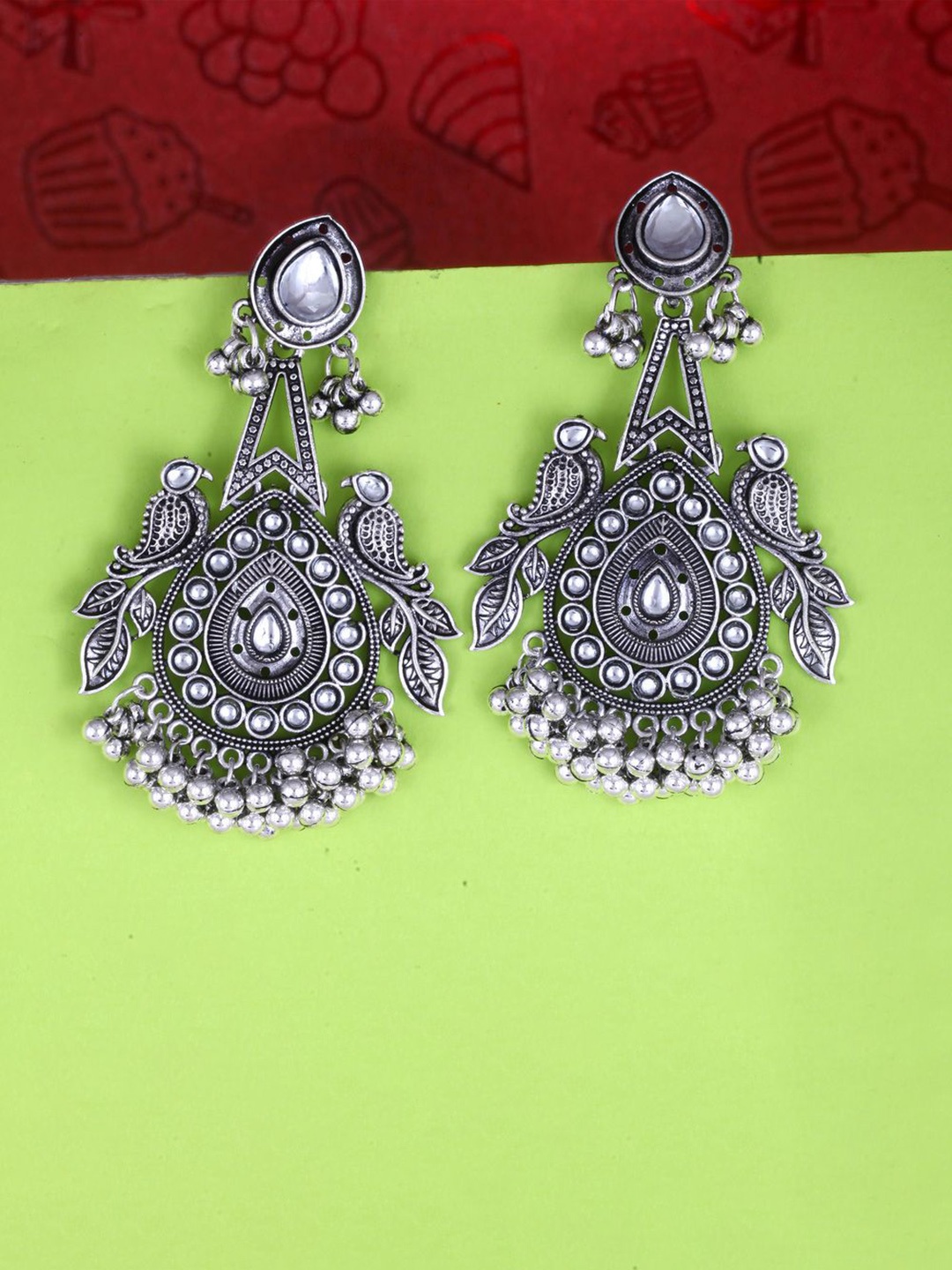 

DIVASTRI Silver-Plated Artificial Stones Studded & Beaded Peacock Shaped Drop Earrings