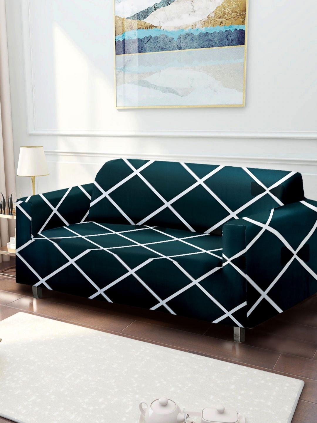 

WOODEN STREET Teal Blue And White Printed 3 Seater Sofa Cover