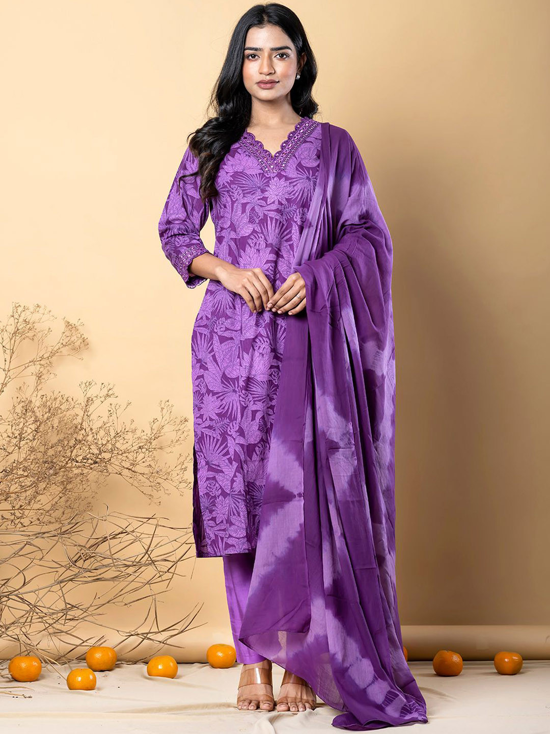 

Readiprint Floral Printed V-Neck Pure Cotton Straight Kurta & Trouser & Dupatta, Purple