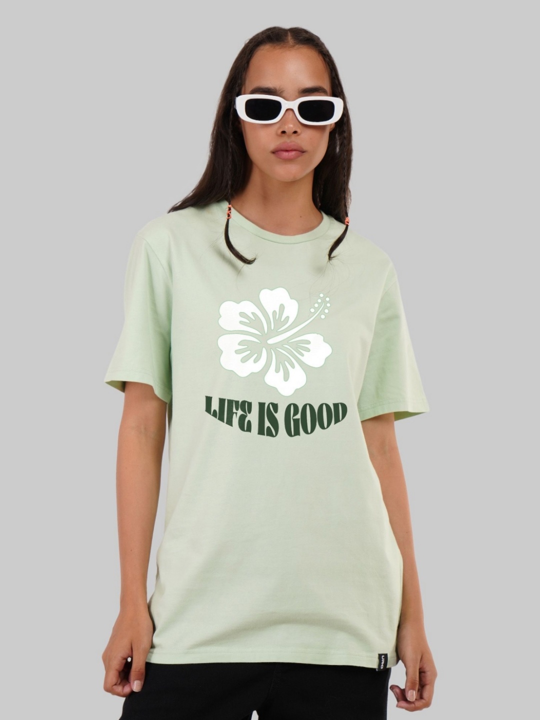 

Underrated Club Women Floral Printed Drop-Shoulder Sleeves Tropical Bio Finish Applique T-shirt, Green