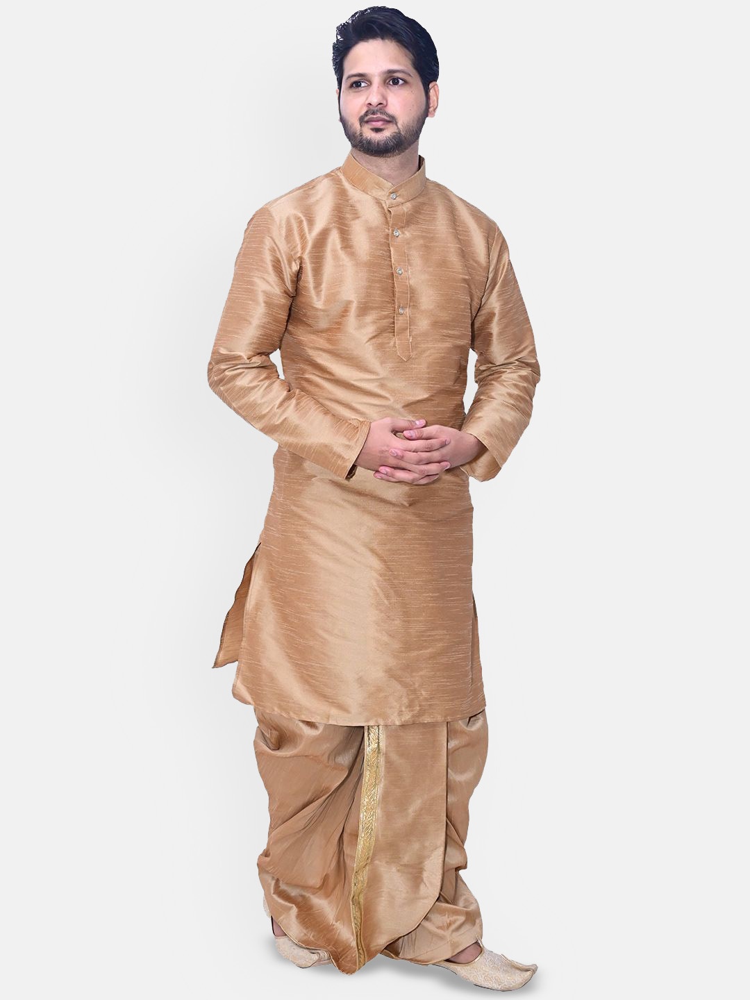 

Om Shubh Mangalam Band Collar Dupion Silk Straight Kurta With Dhoti Pants, Brown