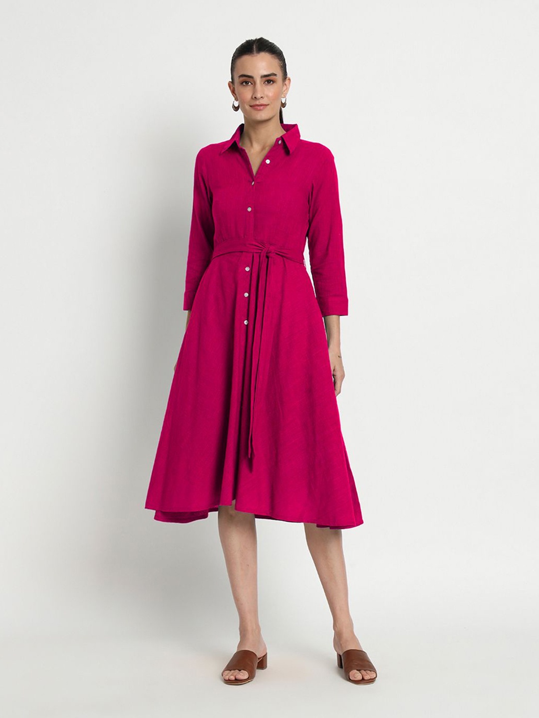 

Thevasa Women Solid Pure Cotton Midi Shirt Dress with Tie-Ups Details, Pink