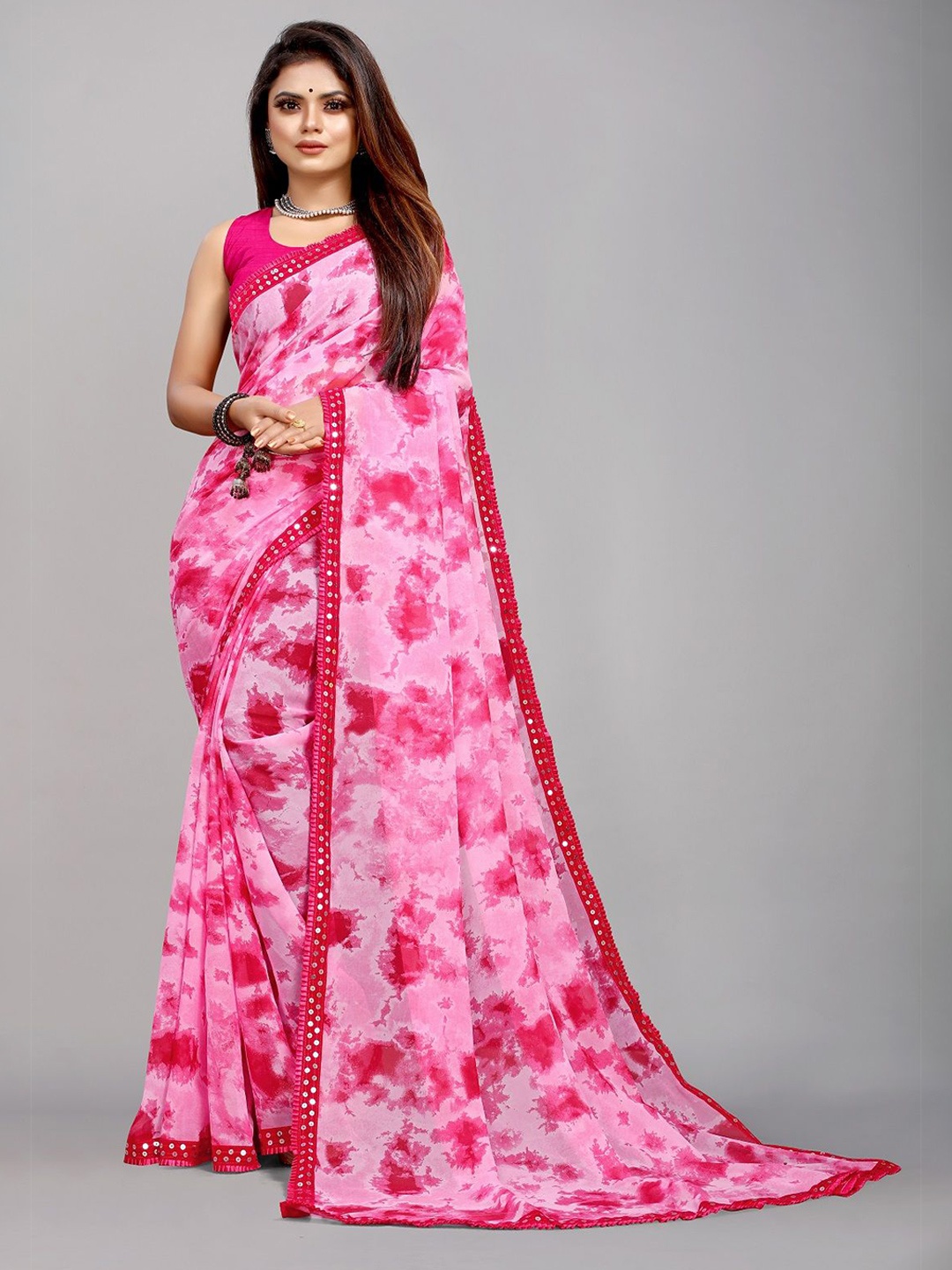 

Moda Rapido Printed Sequinned Pure Georgette Saree, Pink