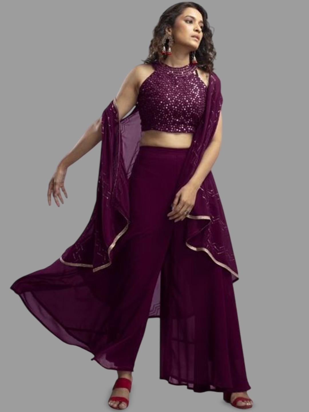 

PARROT CREATION Floral Embroidered Crop Top With Shrug And Sharara, Maroon