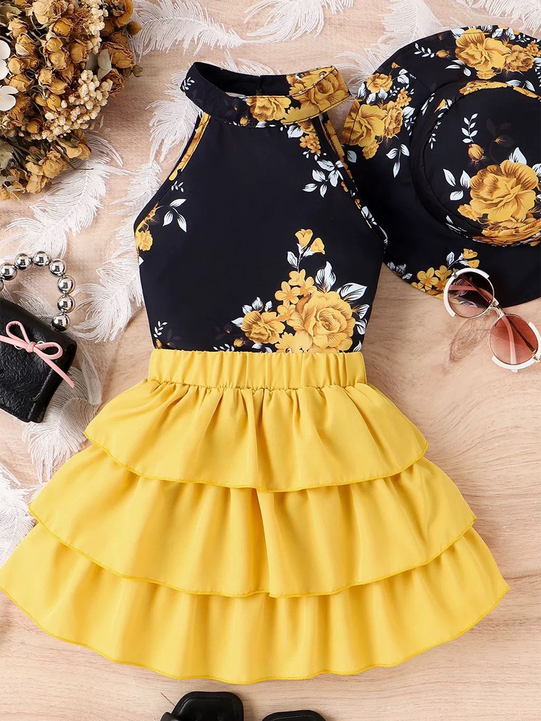 

LULU & SKY Girls Floral Printed Halter Neck Top With Tiered Skirt, Yellow