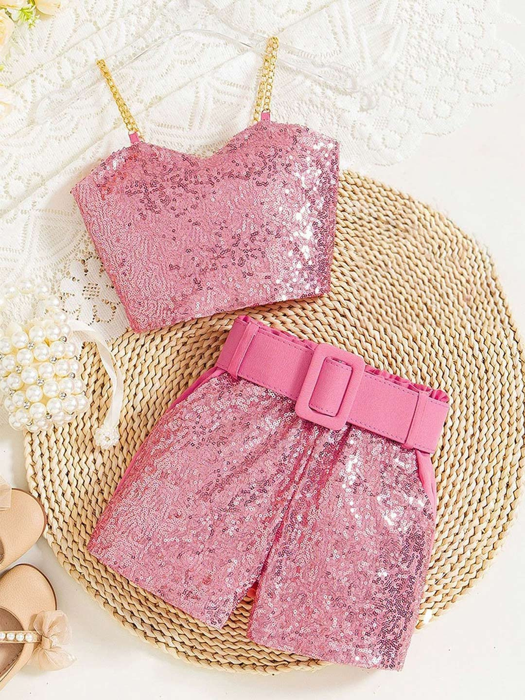 

LULU & SKY Girls Shoulder Straps Embellished Sequinned Crop Top With Shorts, Pink
