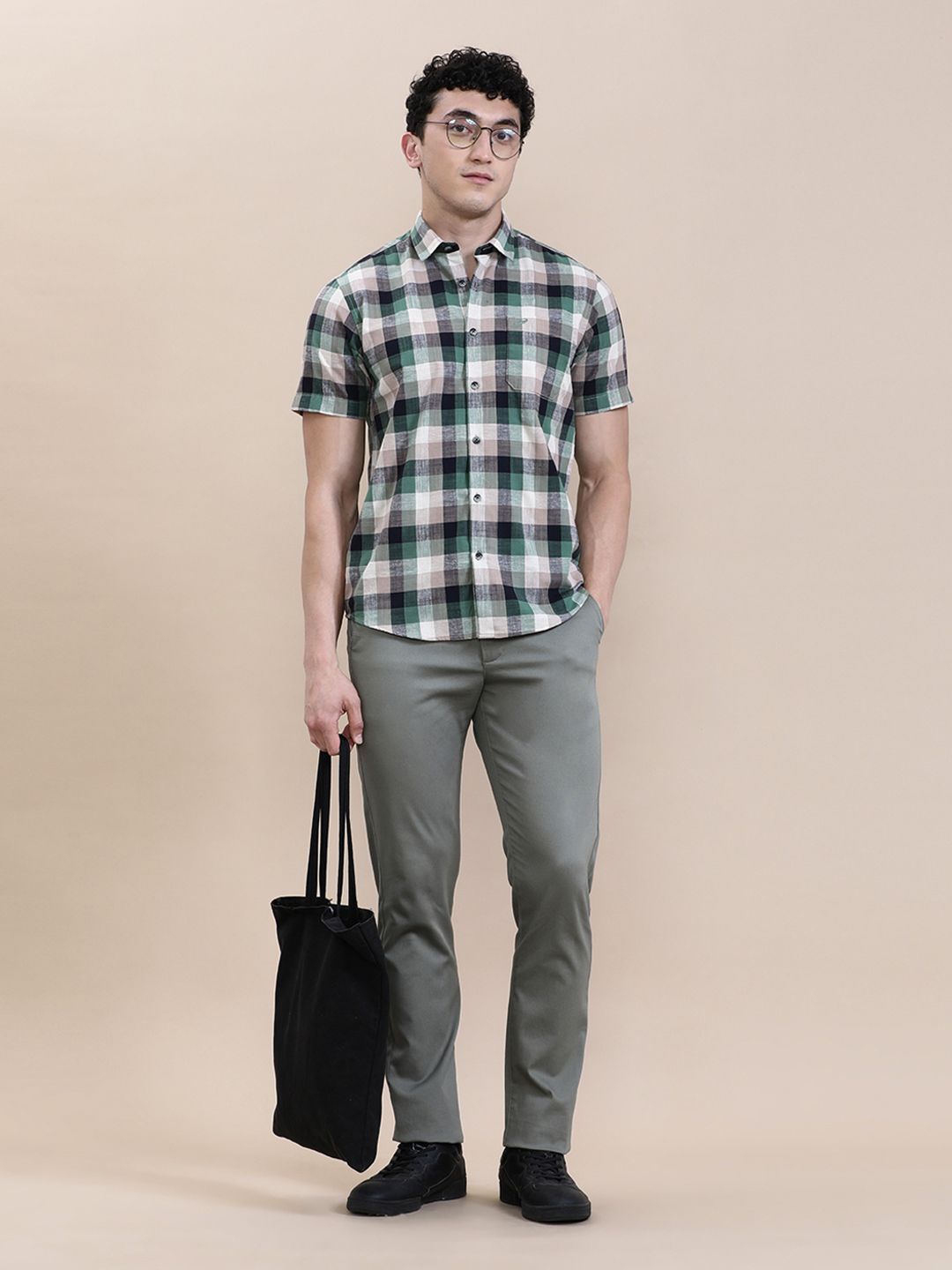 

Crocodile Men Casual Checkered Half Sleeve Shirt, Green