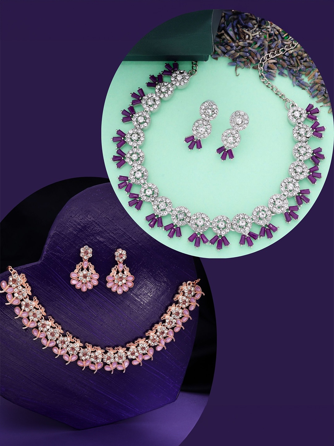 

DIVASTRI Set Of 2 Gold-Plated Artificial Stones-Studded Necklace With Earrings