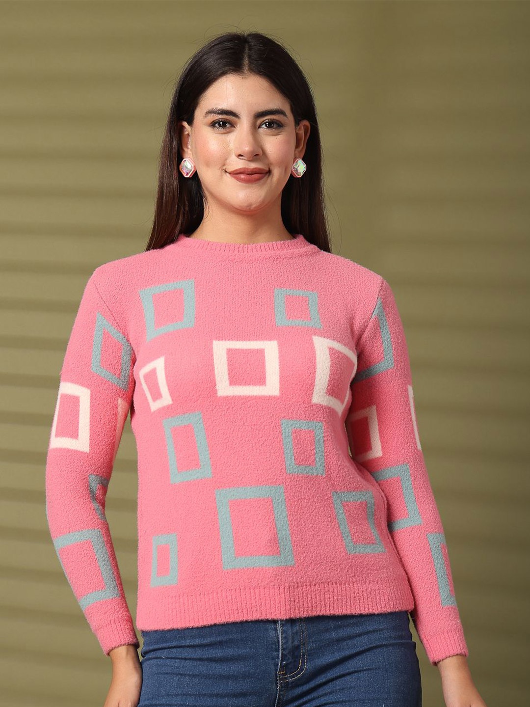 

Moda Rapido Geometric Woollen Top, Pink
