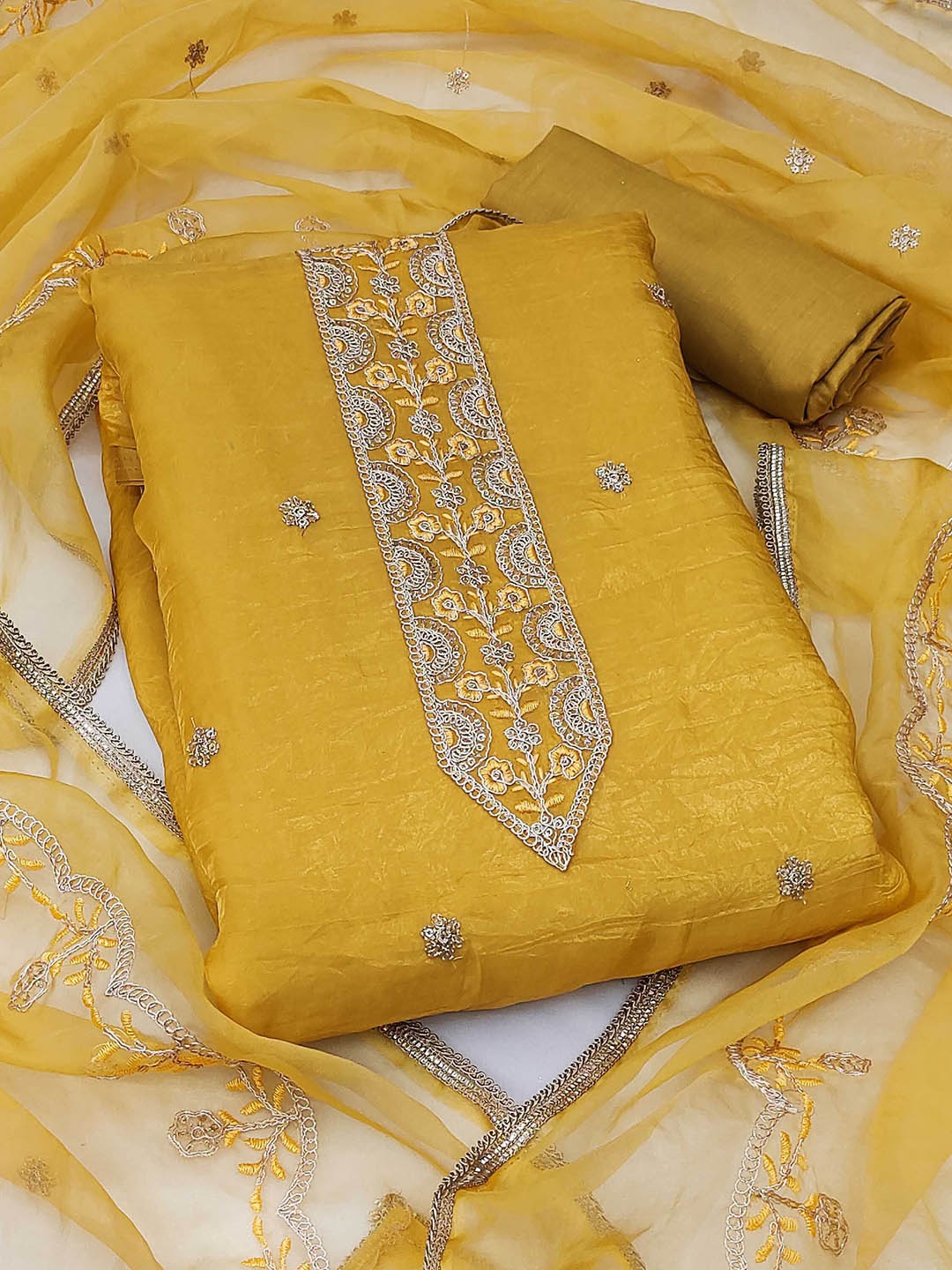 

SAINOOR Zari Embroidered Pure Silk Semi-Stitched Dress Material, Yellow