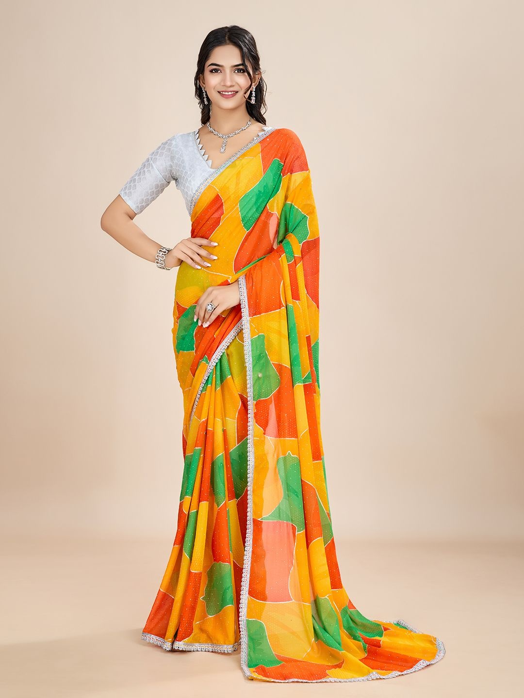 

Rhey Printed Beads and Stones Pure Georgette Saree, Yellow