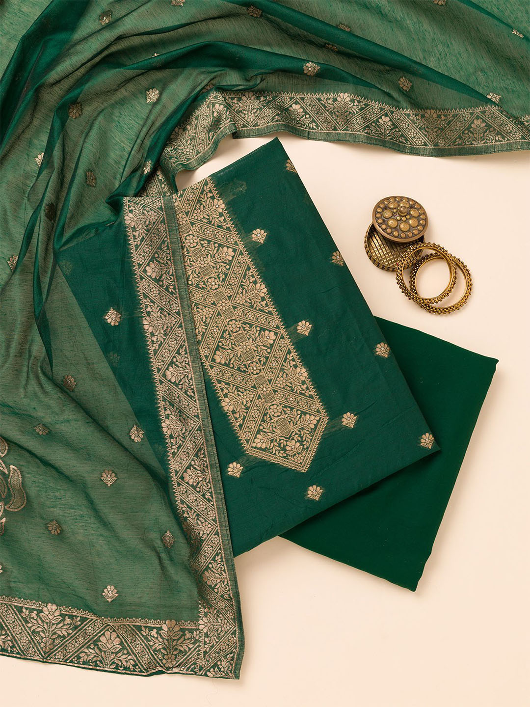

Koskii Ethnic Motifs Woven Design Pure Silk Unstitched Dress Material, Green