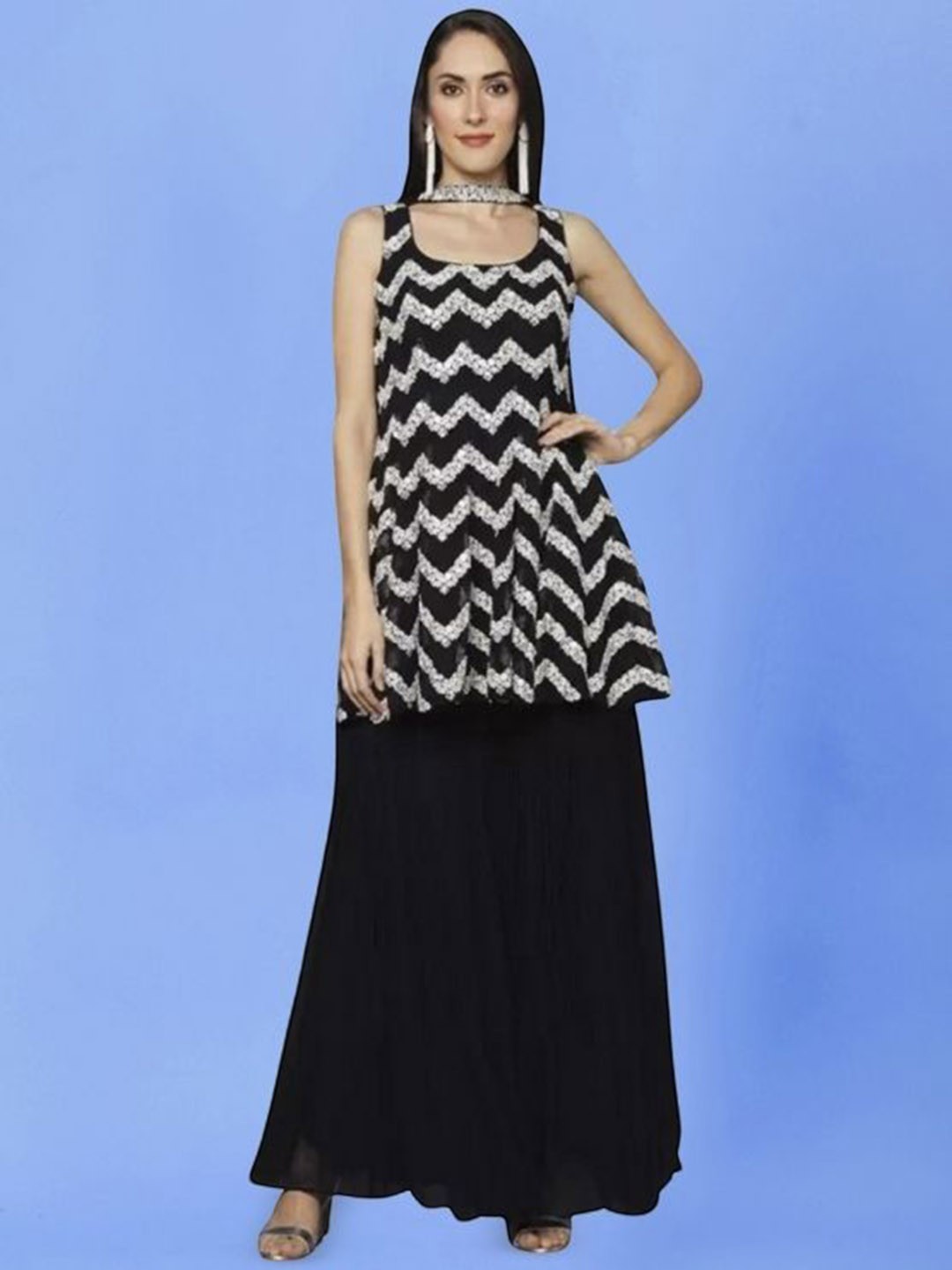 

PARROT CREATION Floral Embroidered Sequinned Georgette Kurti With Sharara And Dupatta, Black
