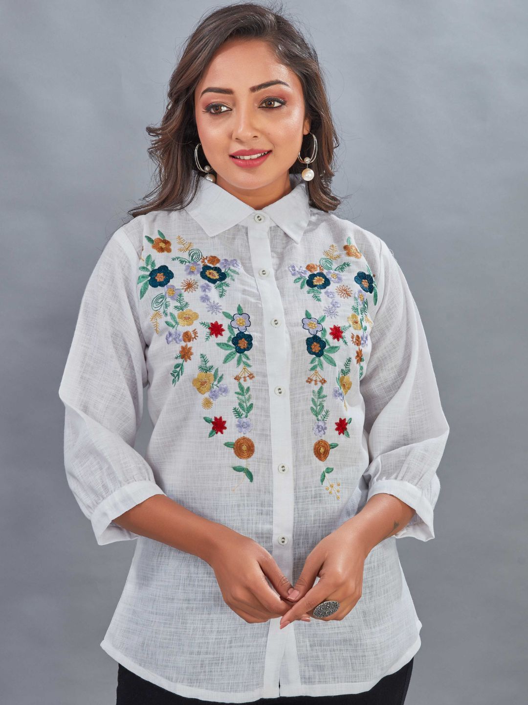 

Kesudi Women Floral Embroidered Semi Sheer Shirt, White