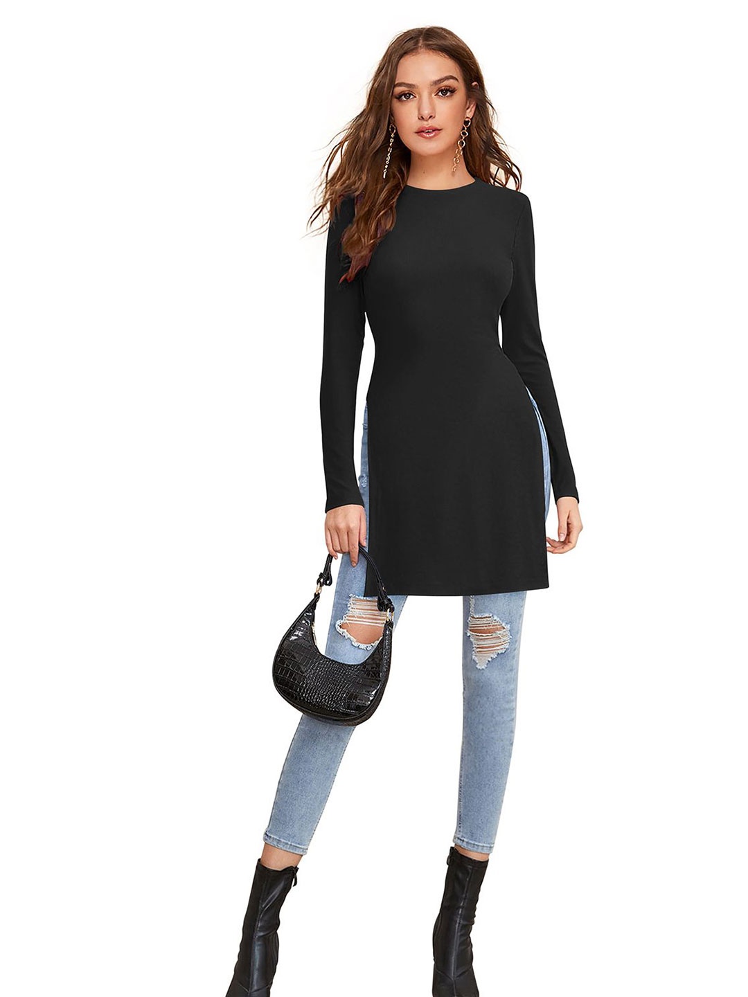 

SHOPONBIT Women Longline Long Sleeve Fitted Top, Black