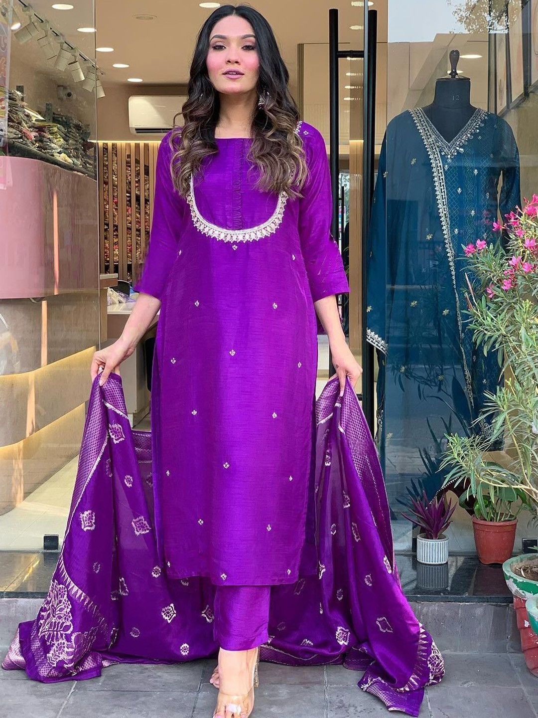 

Bought First Embroidered Straight Thread Work Kurta With Pyjamas And Dupatta, Purple