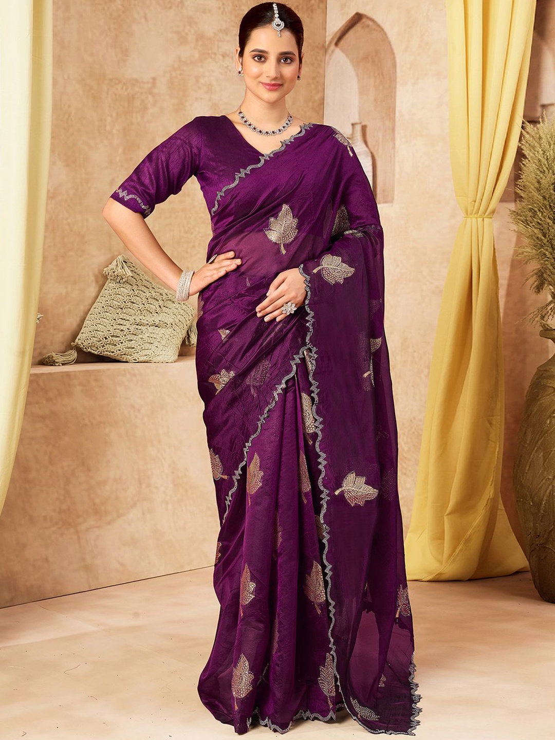 

Mitera Woven Design Zari Silk Blend Saree, Purple