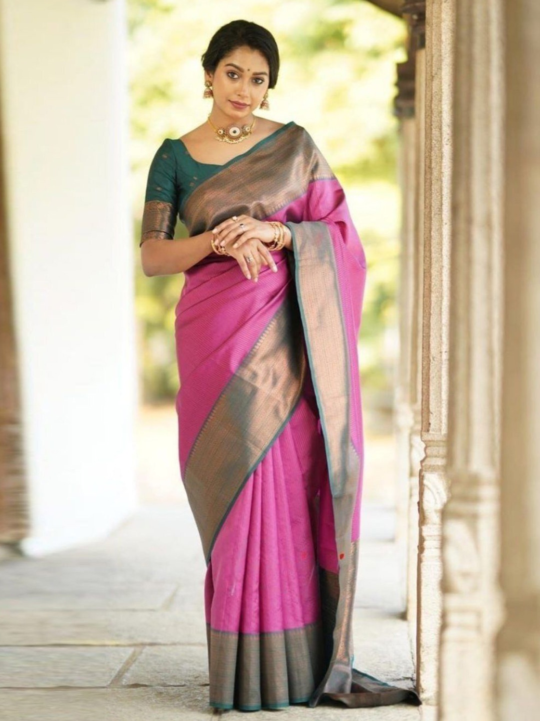 

JULEE Pure Silk Banarasi Saree, Pink
