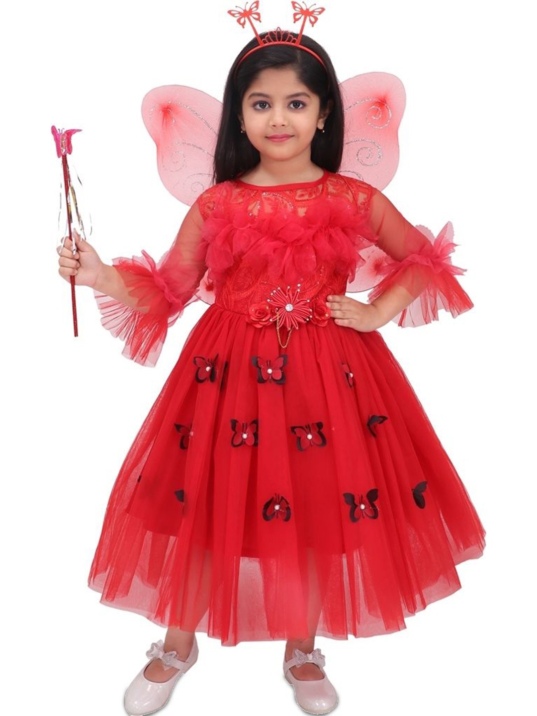 

PRIYANKA'S COLLECTION Floral Net Fit & Flare Midi Dress, Red