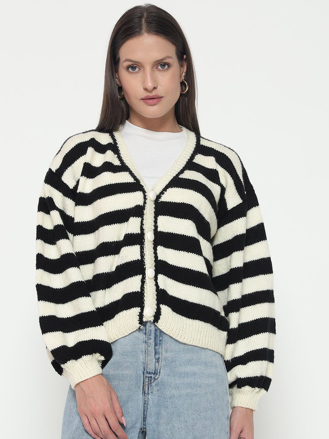 

Sugercandy Women Striped Woollen Cardigan, Black