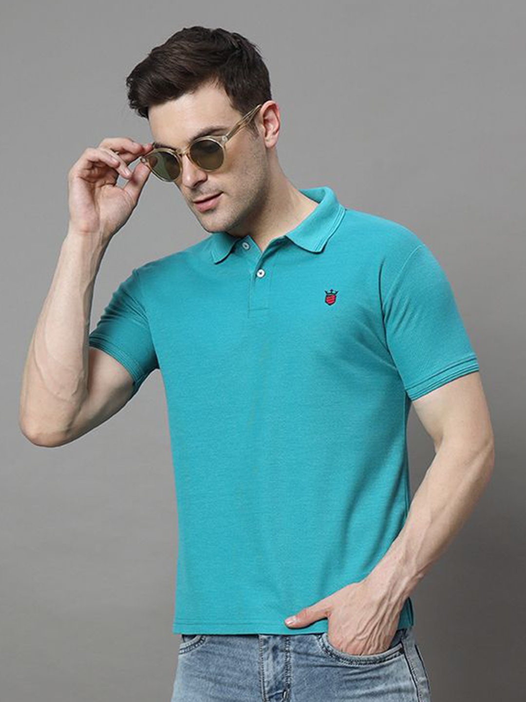 

R.ARHAN PREMIUM Men Solid Polo Collar Cotton T-shirt, Turquoise blue