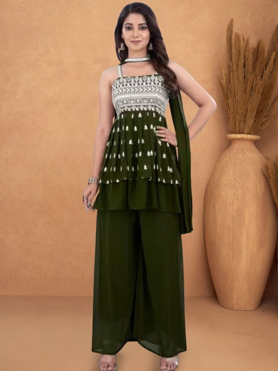 

PARROT CREATION Embroidered A-Line Sequinned Kurti With Sharara And Dupatta, Green