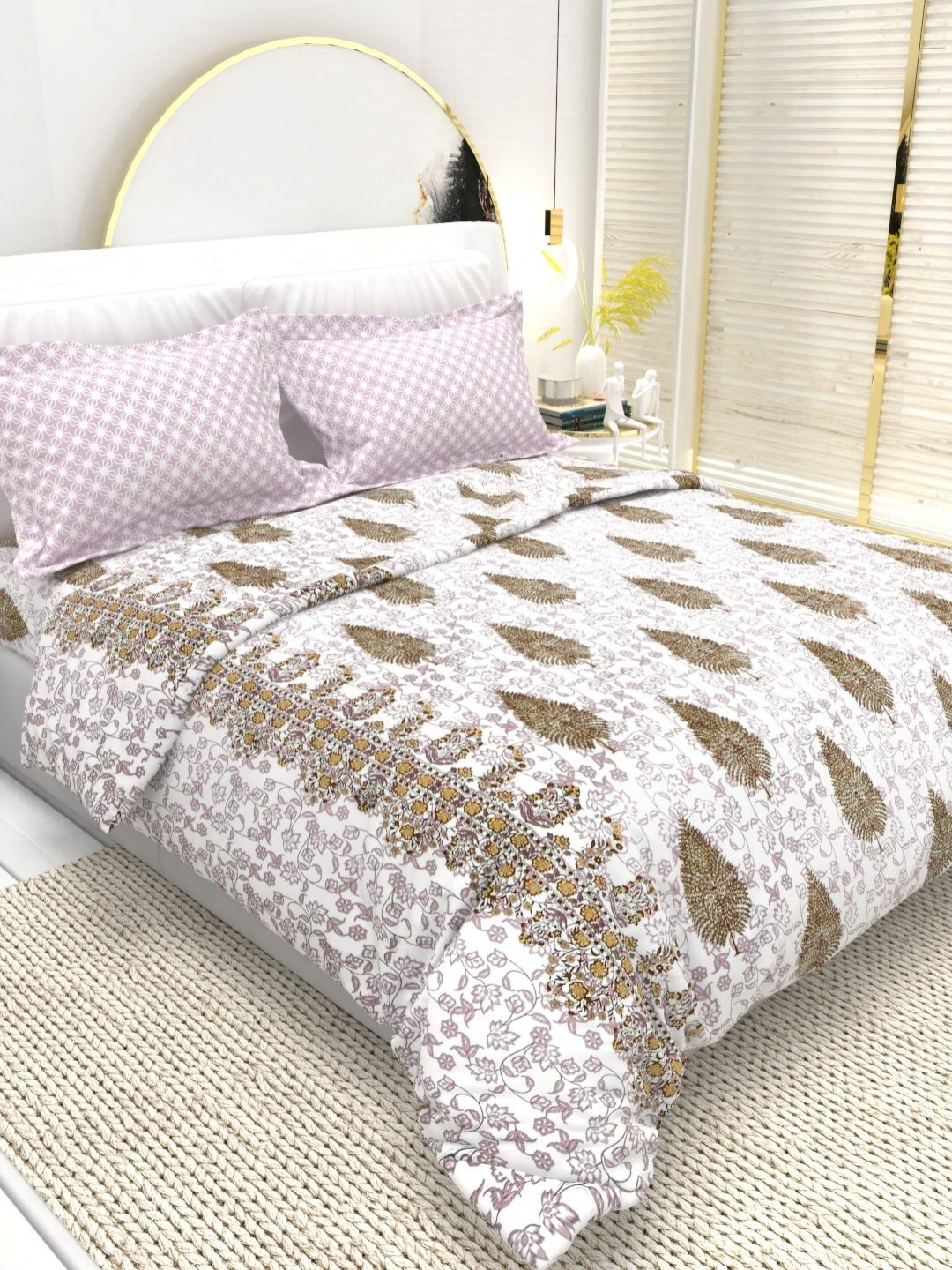 

THE WHITE MOSS White & Brown Floral 220 TC Queen Bedsheet with 2 Pillow Covers