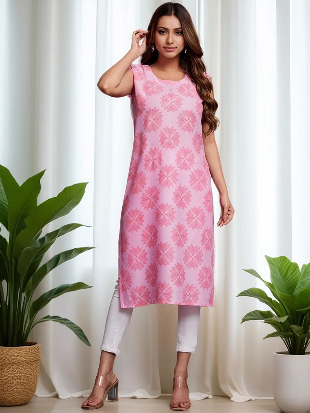 

KALINI Floral Printed Round Neck Straight Kurta, Pink