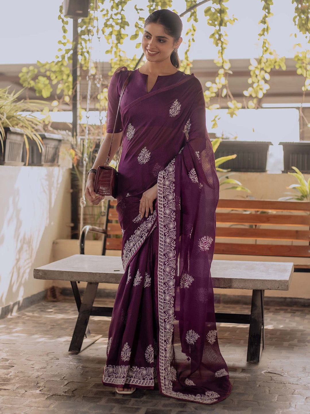 

KALINI Floral Kutchi Embroidery Muga Saree, Purple