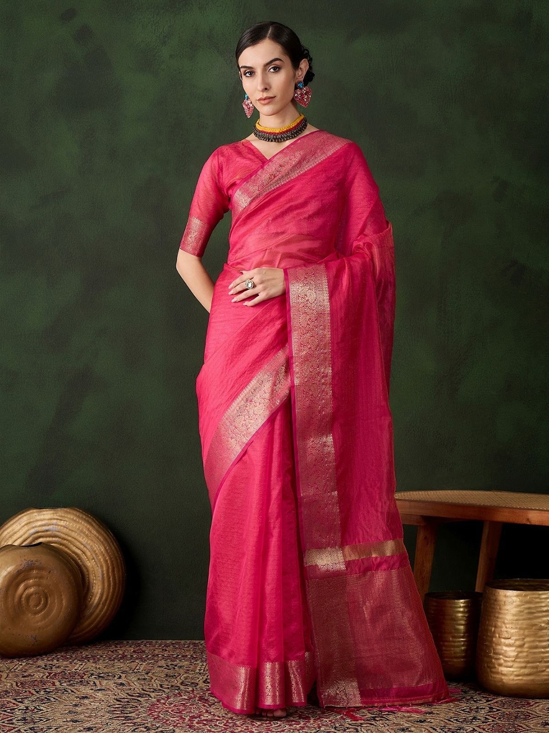 

ODETTE Women Pink Organza Woven Saree With Unstitched Blouse