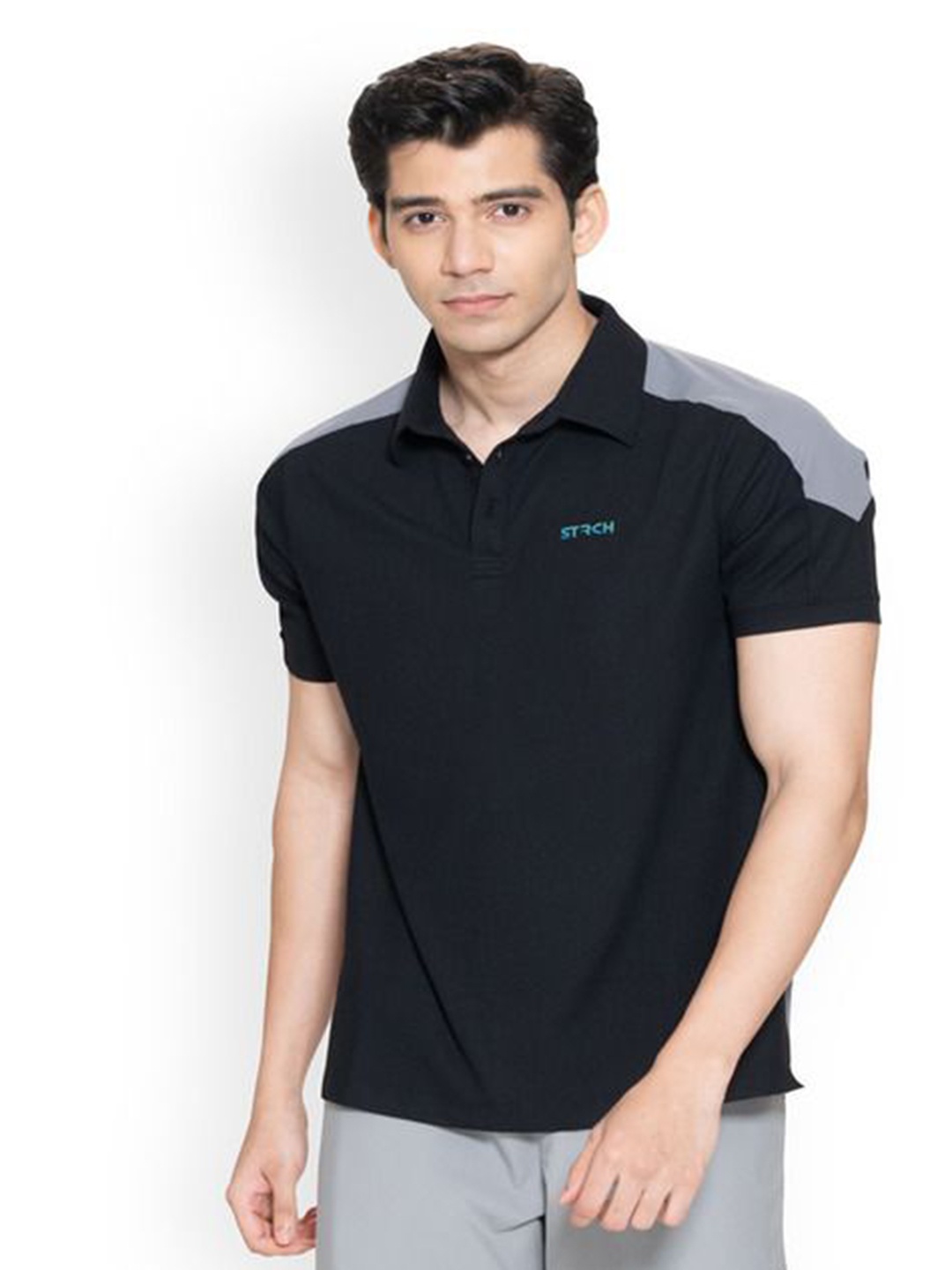 

STRCH Men Anti Odour Colourblocked Polo Collar T-shirt, Black